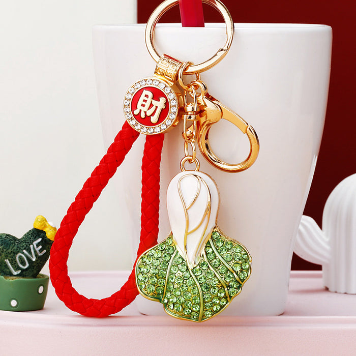 Jeweled Bok Choy Keychains in Pink and Green with Braided Loops