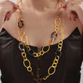 Gold Long Chain Necklace Metal Ovals Tortoiseshell Resin Rings view 4