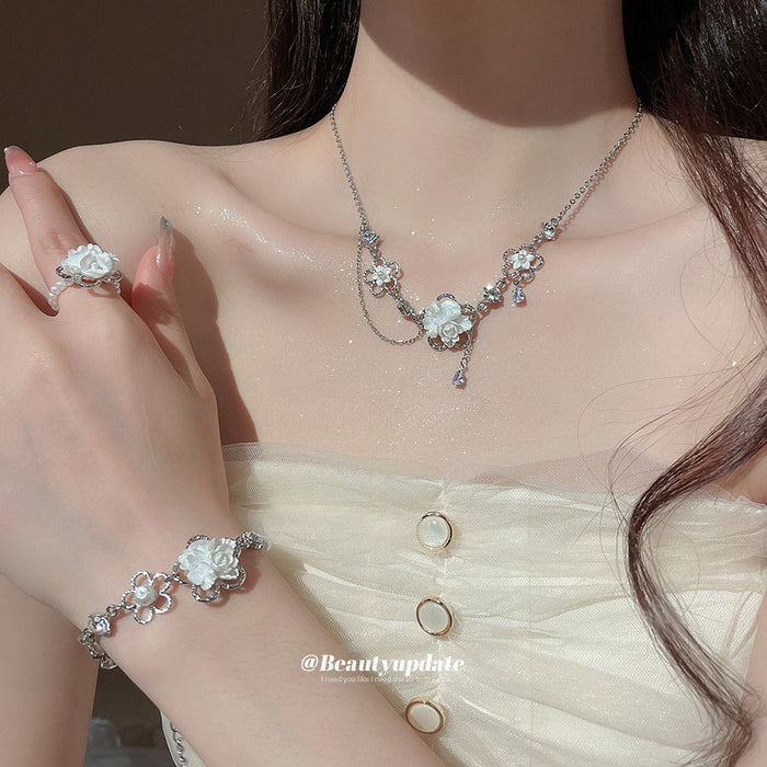 Silver White Rose Flower Bracelet Pearls Crystal Accents
