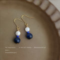 Gold Fishhook Earrings White Shell Dark Blue Stone Drops view 3
