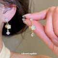 Gold Floral Crystal Pearl Drop Earrings With Gold-Tone Settings view 2