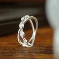 Silver Tone Crystal Leaf Crossover Ring with Vine Details view 2