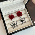 Red Rose Black Wire Outline Flower Long Dangle Stud Earrings view 4