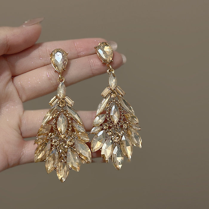 Gold Tone Brown Crystal Leaf Cluster Drop Earrings