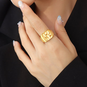 Gold Steel Open Signet Ring Textured Organic Face Size 7