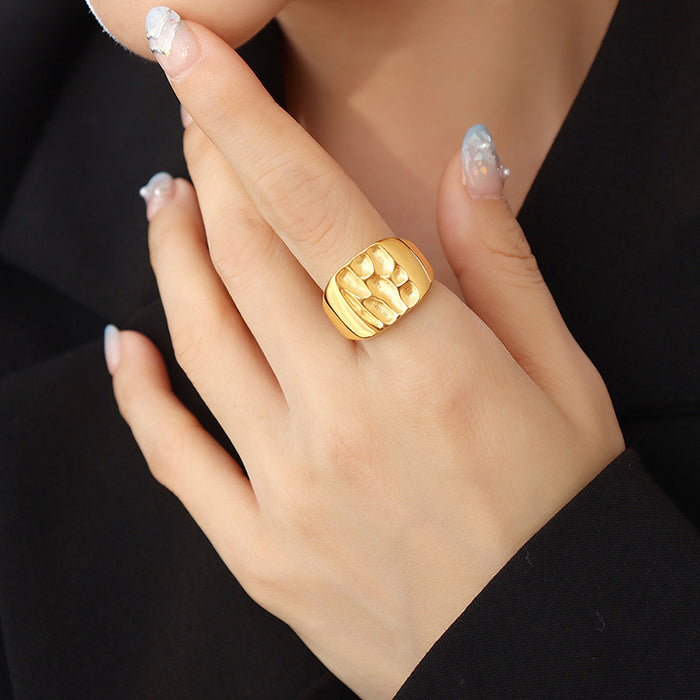 Gold Steel Open Signet Ring Textured Organic Face Size 7