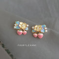 Gold Enamel Flower Blue Leaf Pink Strawberry Stud Earrings view 4