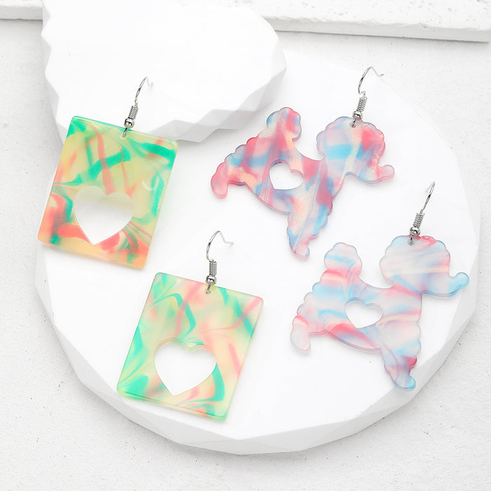 Silver Tone Marbled Dog and Heart Acrylic Hook Earrings