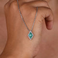 Silver Tone Green Diamond Shape Halo Pendant Necklace view 2
