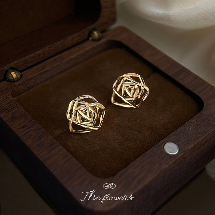 Gold Openwork Rose Flower Stud Earrings Carved Petal Texture Pair