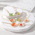 Gold Tone Round Pressed Flower Resin Long Hook Earrings in Ten Styles view 4