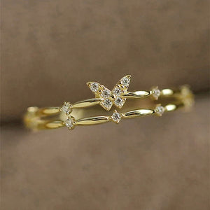 Gold Tone Double Band Butterfly Clear Stone Finger Ring 6-10