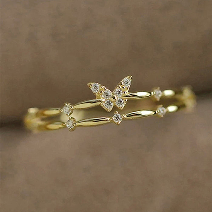 Gold Tone Double Band Butterfly Clear Stone Finger Ring 6-10