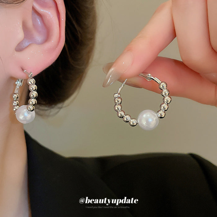 Silver Tone Beaded Hoop Earrings with White Pearl Drops