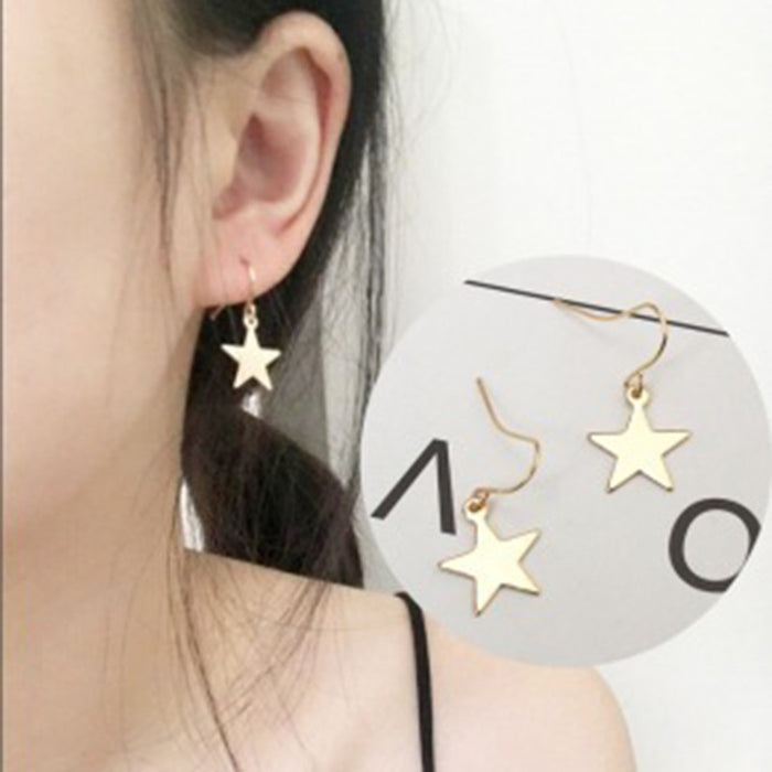 Simple Five Point Star Hook Drop Earrings in Two Finishes