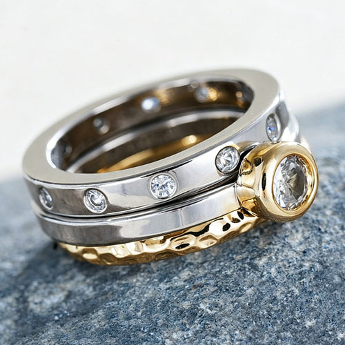 Three Piece Two Tone Stacking Ring Set Metal Jewelry Design shown from an alternate angle