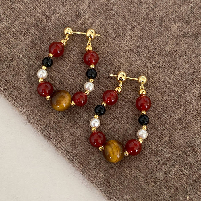 Multicolor Beaded Hoop Stud Earrings with Gold Tone Details