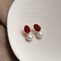 Gold Edged Burgundy Enamel And White Pearl Drop Stud Earrings view 1