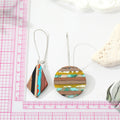 Silver Tone Wood and Resin Mosaic Long Wire Drop Earrings view 2