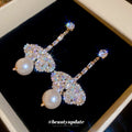 Champagne Crystal Butterfly and Faux Pearl Drop Stud Earrings view 4