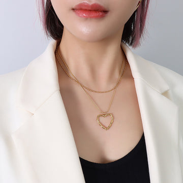 Double Layer Bamboo Heart Pendant Necklace Gold Steel