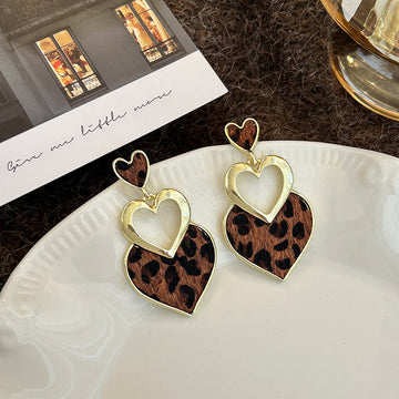 Dark and Light Brown Leopard Triple Heart Dangle Stud Earrings