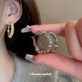Crystal Textured Hoop Earrings in Gold and Silver Tones view 2