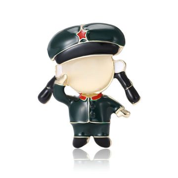 Cat Eye Face Cartoon Girl Brooch Green Uniform Salute