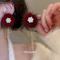 Fluffy Pom Pom Pearl Cluster and Gold Chain Drop Earrings view 3