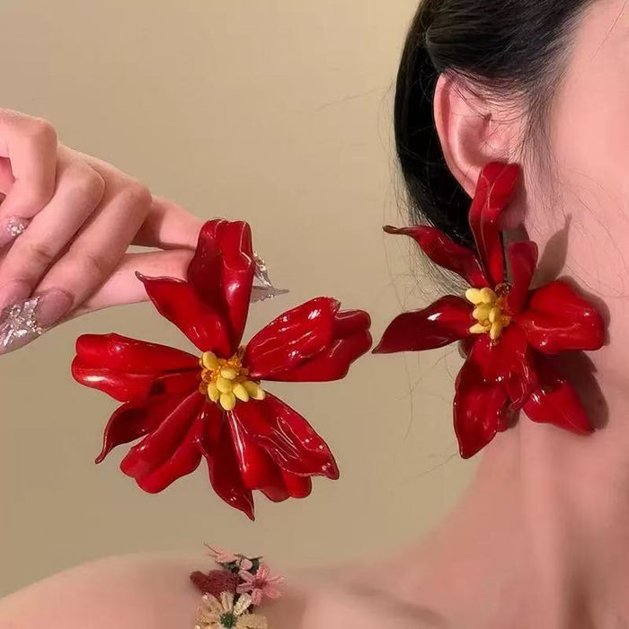 Oversized Red Acrylic Flower Stud Earrings with Yellow Centers
