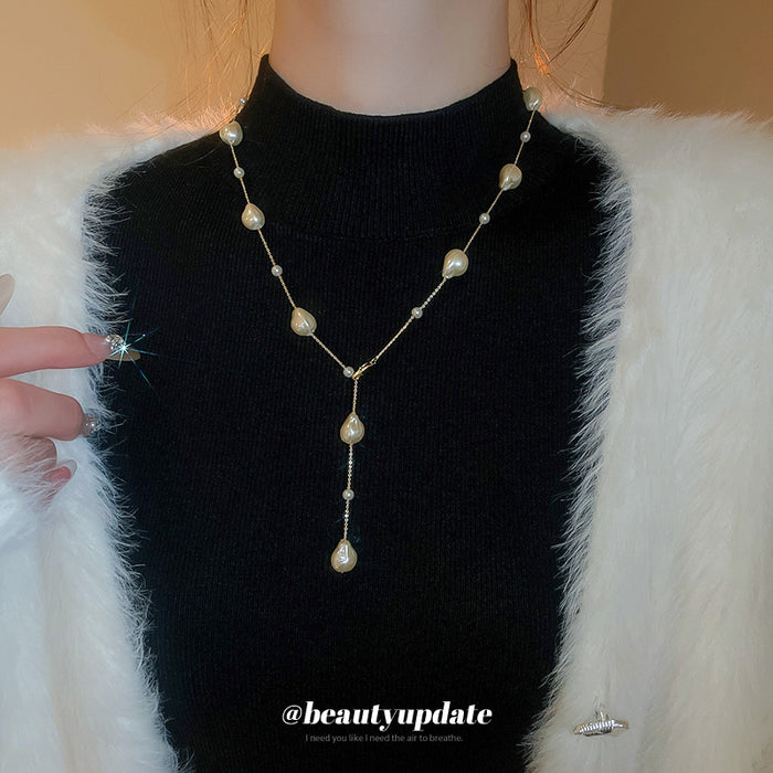 Gold Baroque Pearl Station Y Lariat Necklace Drop Style