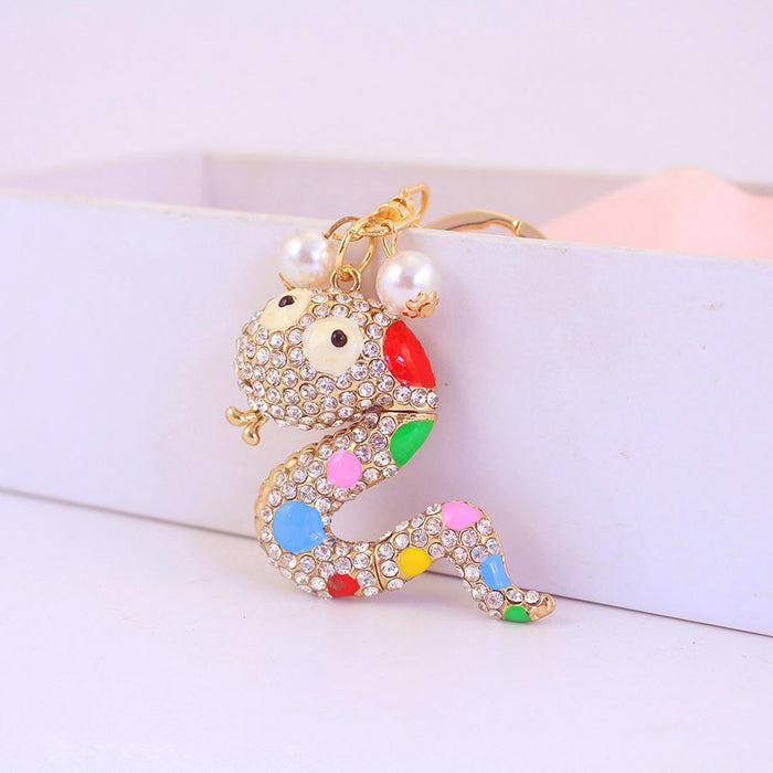 Colorful Rhinestone Pearl Little Snake Car Keychain, Zinc Alloy Bag Charm