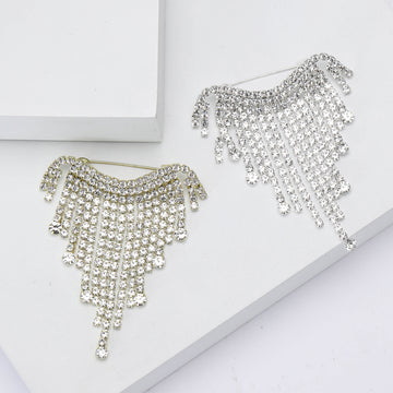 Crystal Chain Fringe Brooch in Silver or Gold Tone