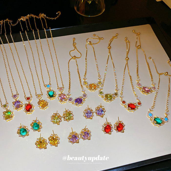 Gold Oval Crystal Stud Bracelet Necklace Set 16 Styles