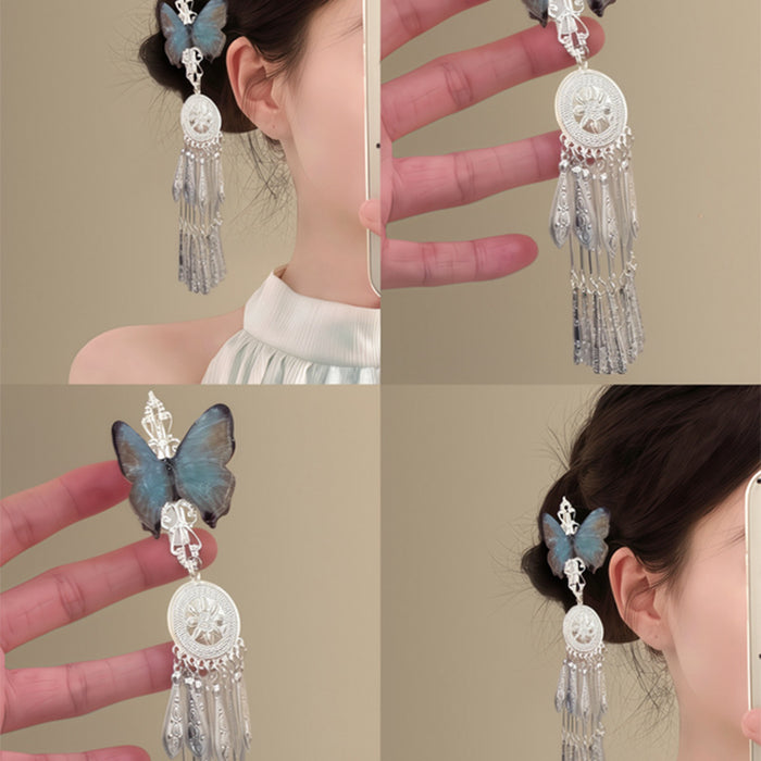 Teal Blue Butterfly Silver Long Tassel Duckbill Hair Clip