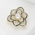 Gold Camellia Flower Brooch Clear Zircon Black Enamel view 2