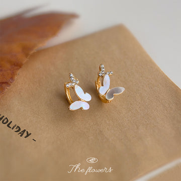 Gold Tone White Butterfly Clear Stone Huggie Hoop Earrings
