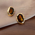 Gold Irregular Frame Amber Glass Cabochon Stud Earrings view 3