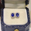 Royal Blue Oval Halo Stud Earrings Clear Stone Border view 4