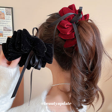 Velvet Ruffled Bow Hair Claw Clip Ribbon Streamers