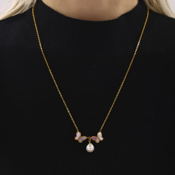 Gold Double Shell Butterfly Pendant Shell Pearl Necklace