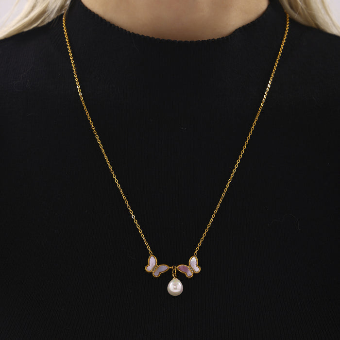 Gold Double Shell Butterfly Pendant Shell Pearl Necklace