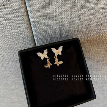 Gold CZ Pave Butterfly Stud Dangle Butterfly Earrings