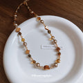 Pearl Brown Shell Bead Necklace Gold Crystal Accents view 2