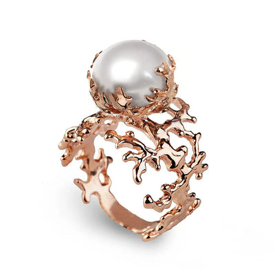 Rose gold coral branch ring with white pearl top view
