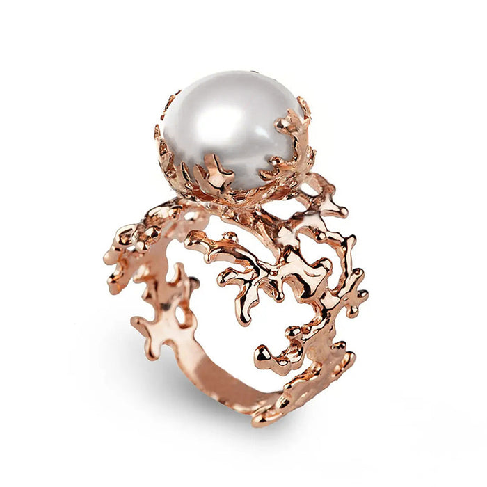 Rose Gold Coral Branch White Faux Pearl Finger Ring