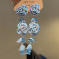 Blue Floral Crystal Fringe Drop Earrings with Crystal Accents view 4