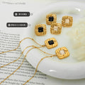 Knot Weave Square Pendant Necklace Stud Earrings Black White view 2