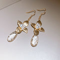 Crystal Leaf and Flower Hook Earrings with Polished Metal Tone Details view 6