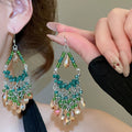 Ornate Crystal Fan Drop Earrings With Beaded Fringe view 7